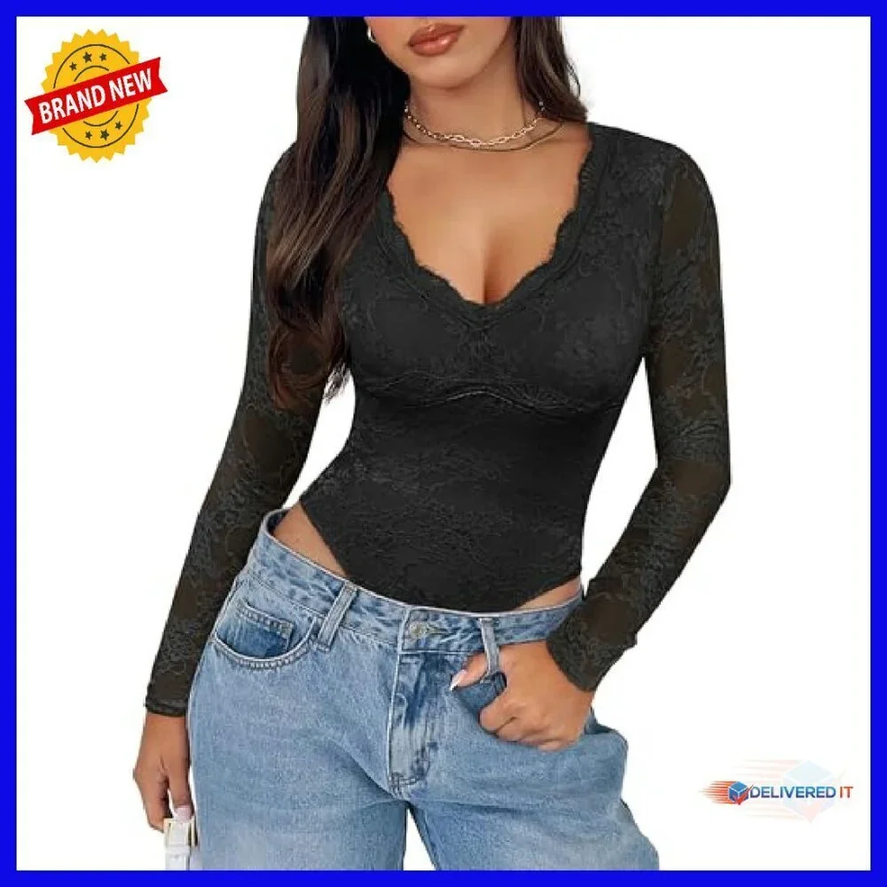 V Neck Lace Bodysuit Long Sleeve Double Lined Y2K Going Out Top
